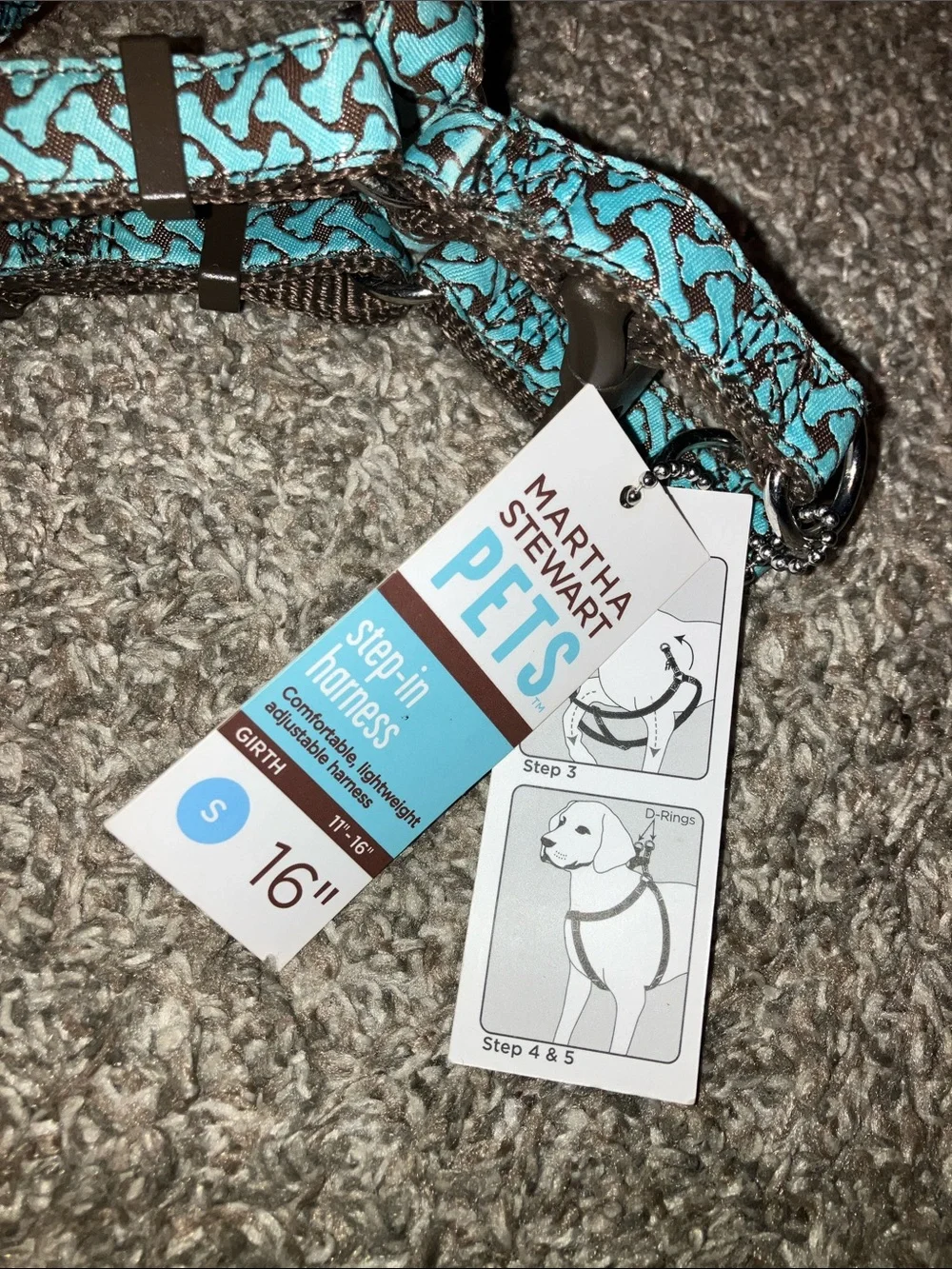 Martha Stewart Pets Turquoise & Brown Dog Bone Print Step-In Dog Harness New